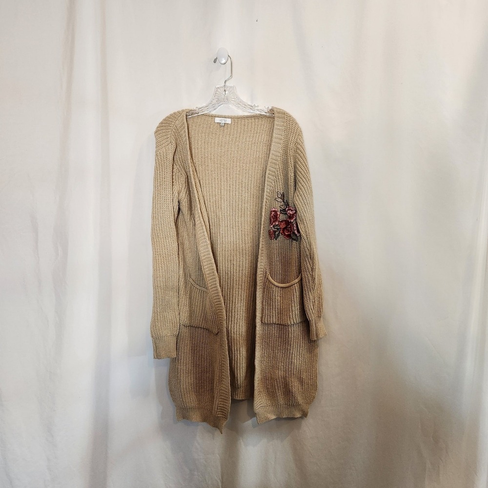 VERTE Beige Sweater Cardigan Floral Embroidered Applique Open Front Pockets S/M